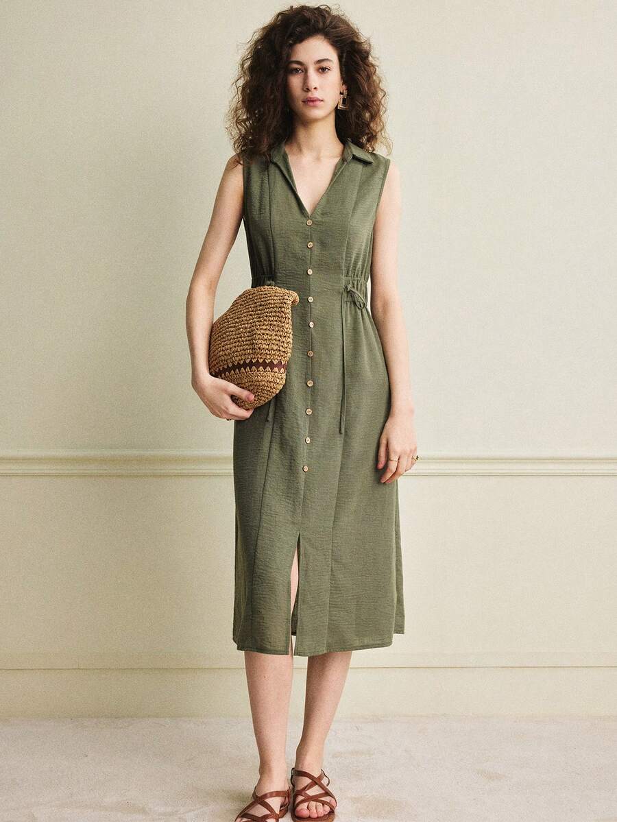Écloséra Olive Green Sleeveless Linen-Feel Midi Dress