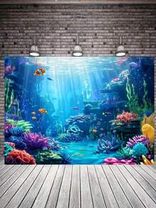1pc Ocean Princess Polyester Underwater Marine Life Backdrop Banner, Mermaid Theme Party Banner, Suitable For Photo Booths And Birthday Cake Table Decorations - Multicolor - View 5