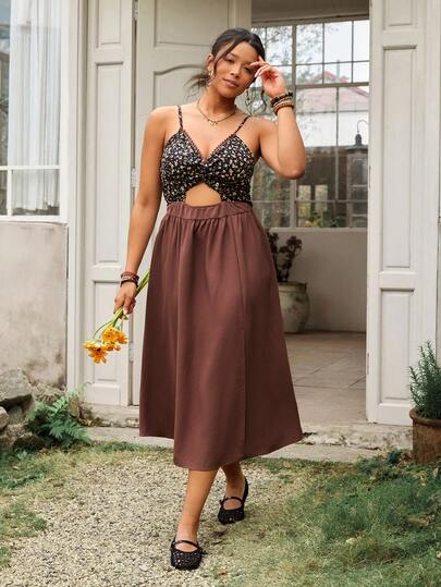 Freevana Bohemian Floral Patchwork Brown Spaghetti Strap Midi Dress, Twist Hollow Out Waist Slit Casual Vacation Flattering Versatile Work Dress For Women