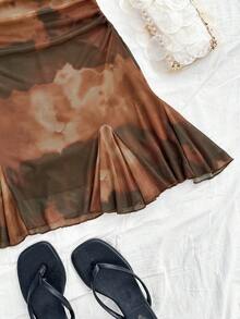 Soleia 彩色扎染吊带垂褶领露背蝴蝶结鱼尾迷你连衣裙，适合假日、约会、下午茶、度假、音乐节、海滩、夏季穿着，波西米亚风，钩针编织，亚麻材质。 - 棕色 - 查看 4