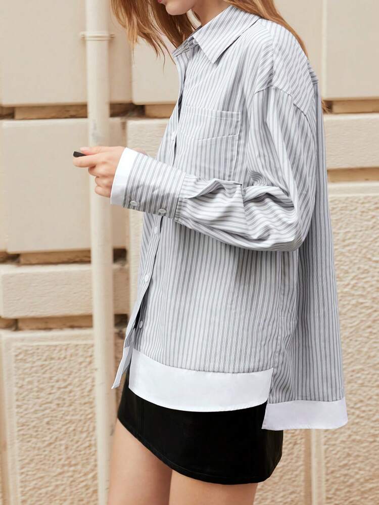 SHEIN Maija Women's Modern Versatile Gray And White Striped Loose Fit Drop Shoulder Long Sleeve Casual Shirt Hippie