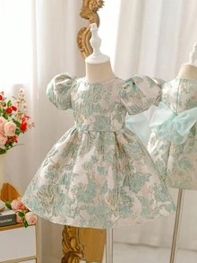 Glamorique Kids 女婴公主裙，蝴蝶结，绿色花卉提花面料，高品质面料，优雅提花连衣裙，适合中东、欧洲、美洲，奢华派对礼服，表演用女婴优雅连衣裙，绿色复古女婴连衣裙，薄荷绿女婴公主裙，优雅蓬蓬女婴连衣裙，欧式女婴连衣裙 - 綠色 - 查看 8