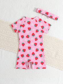 Baby Girl Strawberry Print Zipper Half-Placket Raglan Sleeve Swimsuit, Summer Beach Vacation - Pink - View 2