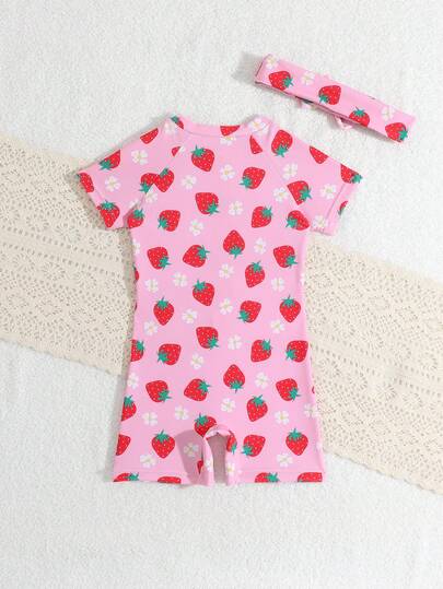 Baby Girl Strawberry Print Zipper Half-Placket Raglan Sleeve Swimsuit, Summer Beach Vacation Baby Strawberry Swimsuit Strawberry Outfit Strawberry Outfits For Girls Baby Girl Swimsuit Baby Girl Swimsuit Strawberry Swimsuit Baby Girl Sun Protection Shirt Baby Girl Strawberry Clothes
