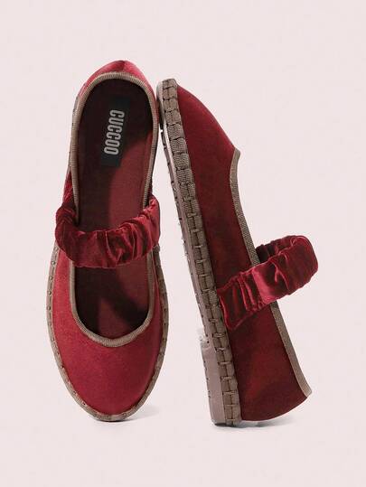 CUCCOO DOLLMOD Zapatos planos de mujer de terciopelo naranja elegantes, clásicos y cómodos con pliegues y elástico tipo Mary Jane