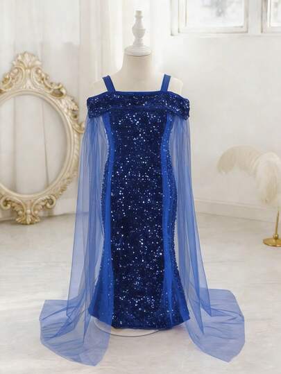 Glamorique Kids Young Girl' Elegant Charming Cute Wine Red Spaghetti Strap Off-Shoulder Gauze Waist-Cinching Mermaid Hem Dress, Formal Gown