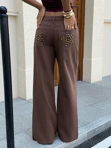 Siren Gaze Women's Low-Rise Wide-Leg Jeans With Studded Five-Pointed Star Pattern, Y2K Summer Casual, Music Festival. - Brown - View 4