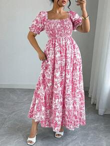 Elenzga Women's Bohemian Pink Random Print Long A Line Plus Size Dress With Square Neck Shirred Short Puff Sleeves And Flared Hem Resort Style - Pink - View 4