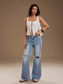 TRNVIE 女士休闲时尚街头日常通勤低腰破洞喇叭牛仔裤 - 藍色 - 查看 7