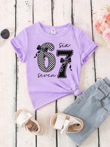 Sparklyn 春夏少女休闲时尚创意个性化清新简约格子图案T恤，饰有数字67、花卉、蝴蝶结装饰和标语印花，舒适百搭，适合春、夏、秋季穿着。这款数字T恤专为少女设计，款式休闲时尚，清新简约。 - 紫色 - 查看 4
