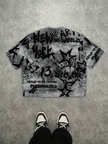 Manfinity ZONE917 男士宽松涂鸦骷髅印花短款T恤 - 彩色 - 查看 2