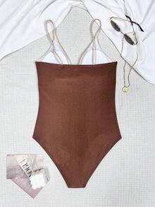 Swim Basics 女士夏季新款V领细肩带撞色亮面尼龙连体泳衣 - 彩色 - 查看 2