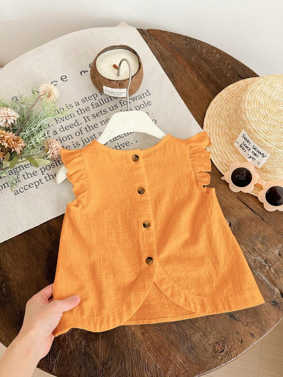 SHEIN LMoss Kids LMoss Baby Girl Woven Solid Color Ruffle Trim Fitted Top,Kids - Orange - View 1