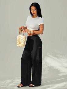 SHEIN PETITE Damen Urlaubs-Lässig einfarbige Hose mit Cut-Out-Muster, Winter Schwarz - Schwarz - Übersicht 4