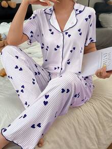 Dream Adore Bộ đồ ngủ thường ngày lãng mạn in hình trái tim kẻ sọc - Màu xanh lam - Xem 1