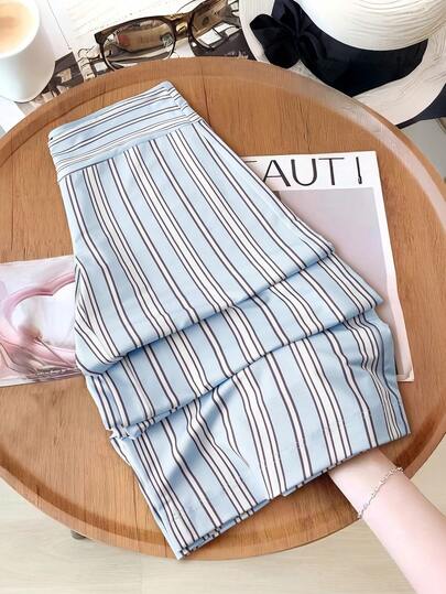 GlowEve Women's Wide Leg Loose Blue Striped Casual Vacation Pants