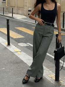 Almamuse 女士休闲日常通勤简约纯色前缝宽松直筒裤，不含腰带 - 灰色 - 查看 6