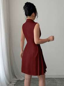 Rafferiza Women's Elegant Commuter Double-Breasted Pleated Hem Sleeveless Dress, Summer - Burgundy - View 2