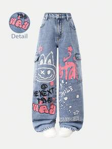 SHEIN ChillGRL 1 chiếc quần jeans nữ tuổi teen phong cách thường ngày sành điệu, kiểu dáng đường phố, in chữ hoạt hình, phong cách sinh viên, đi nghỉ mát, dáng rộng, đã giặt. - Rửa nhẹ - Xem 3
