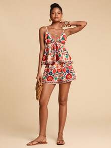 Travachic 女士印花系带流苏吊带背心和短裤两件套，春夏度假装，沙滩装，夏季装，休闲装，女士休闲套装 - 彩色 - 查看 3