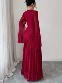 Elenzga 女士春季休闲情人节镂空袖美人鱼正式披肩袖收腰优雅晚礼服 - 紅色 - 查看 2