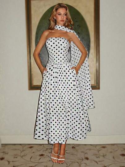 Vowa Elegant minimalistisk svartvit prickig bustier-klänning med hög/låg passform (med riktiga fickor), avtagbar grimma, lämplig för dejter, semestrar, singelfester, baler, bröllop, damklänning