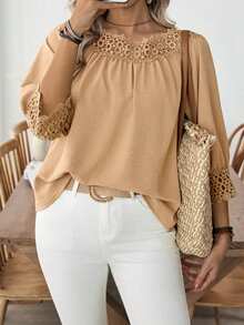 SHEIN LUNE Blus Wanita Kasual Serbaguna Warna Polos dengan Tekstur Ruffle dan Lengan Lentera Setengah Lengan, Musim Semi/Panas - Khaki - View 5