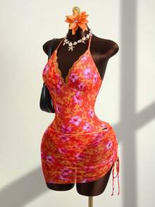 Zestiva Conjunto de 2 piezas de traje de baño de una sola pieza con estampado floral y de plantas, volantes, tirantes ajustables y falda con cordón lateral fruncido, para vacaciones y playa casual de primavera/verano - Multicolor - Ver 3