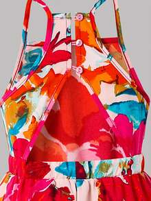 SHEIN 年轻女孩优雅简约露背印花无袖连衣裙 - 粉色 - 查看 5