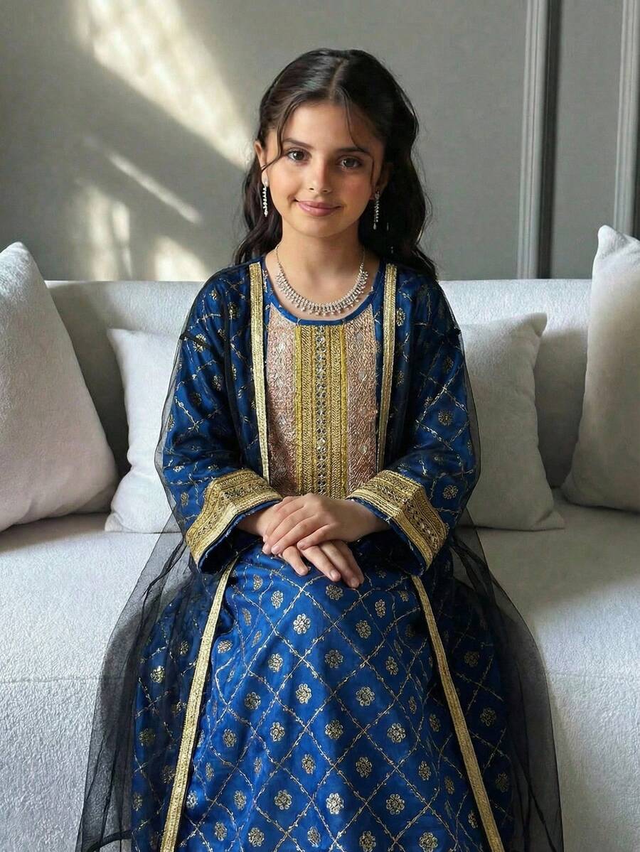 SHEIN رمضان جلابيه  Tween Girl Casual Long Sleeve Mesh Jacket With Dress الملابس التقليدية العربية