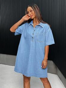 SHEIN ICON 女士休闲宽松短袖牛仔迷你衬衫裙，蓝色 - 淺色水洗藍 - 查看 6