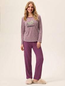 Loomlin 100%纯棉条纹卡通图案睡衣套装 - 紫色 - 查看 4