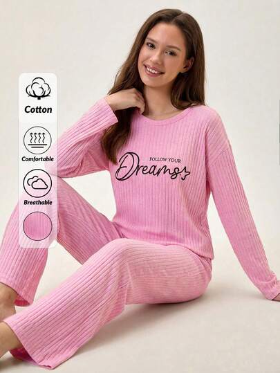 Loomlin 100%Cotton Letter Graphic Ribbed Knit Lounge Set