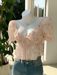 Comfortcana Tricou de vară pentru femei, cu mânecă scurtă, cu imprimeu floral și cravată în față, casual, țesut, pentru femei - Multicolor - Vizualizare 6