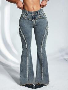 SHEIN Unity 大码女式喇叭牛仔裤，带保暖内衬，秋冬季时尚之选 - 藍色 - 查看 3