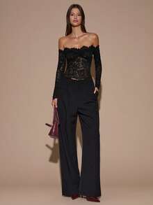 SHEIN Tall CURVE Áo dài tay xuyên thấu phối ren, màu trơn, trễ vai dành cho nữ cỡ lớn - màu đen - Xem 4