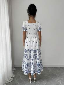 Rafferiza Women's Elegant White And Blue Floral Mid-Length Dress,Square Neckline,Gathered Back Yoke,Elastic Waist,Summer Holiday Vacation Casual Floral Dress - Multicolor - View 2