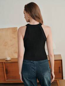 Anewsta Elegant Metal Buckle Knit Camisole, Versatile Sleeveless Spaghetti Strap Sexy Party Top, Black - Black - View 7