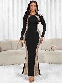 SHEIN Lady 女士亮片拼接圆领长袖修身连衣裙，优雅迷人 - 彩色 - 查看 6