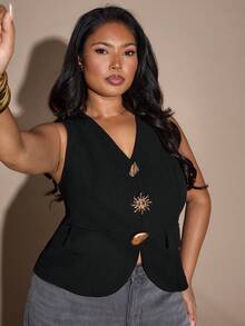 SHEIN BAE 大码女式黑色V领金属纽扣上衣 - 黑色 - 查看 7