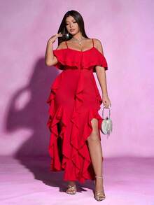 Viva Relle 大码女式优雅纯色针织高弹面料荷叶边领口、开衩设计、荷叶边拼接，时尚设计，大码新款连衣裙，适合派对、节日、生日、情人节、约会等场合的长款连衣裙 - 紅色 - 查看 6