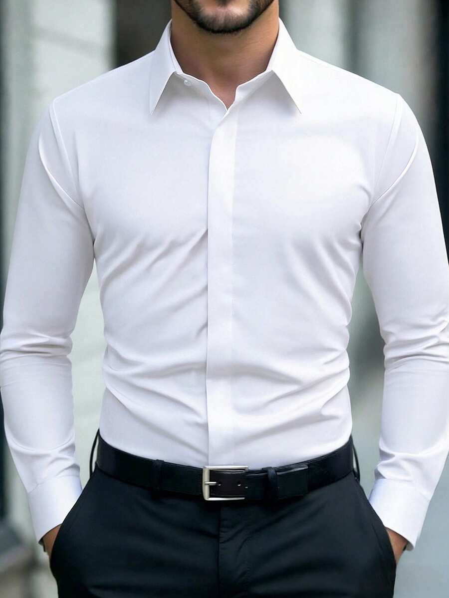 Manfinity Mode 男士長袖襯衫,純色商務休閒與正式鈕扣式,四季舒適,標準版型適用於辦公室與正式場合,平滑質感,儀式感 - 白色 - 查看 1