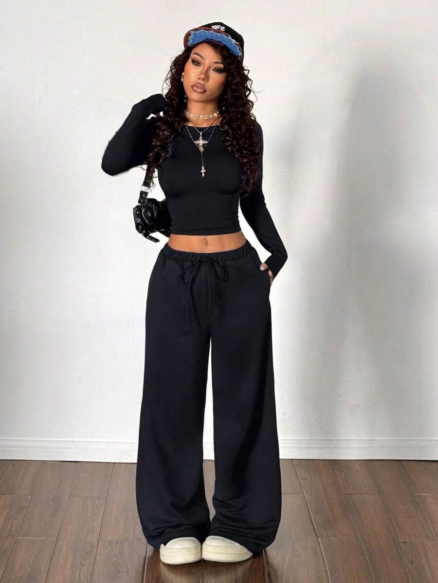 StreetHx Women's Navy Blue Knit Casual Street Style 2-Piece Set, Long Sleeve T-Shirt Top And Loose Sweatpants, Spring/Autumn - Black - View 1