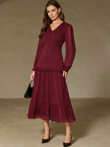 Revavyn Đầm chiffon màu trơn thanh lịch kiểu Pháp, cổ chữ V, tay phồng, eo xếp ly, thích hợp cho các buổi hẹn hò và kỳ nghỉ. - Màu Đỏ Sâu - Xem 2