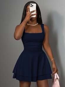 Slaydiva Women's Casual Basic Sleeveless Ruched Layered A-Line Short Dress, Sweet Square Neck - Navy Blue - View 5