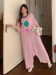 DAZY Cute Balloon Elephant English Graphic Loose Short Sleeve Women Pajama Jumpsuit - Pink - View 6