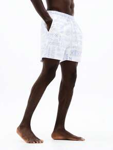 SUMWON Geometric Print Beach Swim Trunks Summer Vacation Boardwalk Quick Change Elastic Waistband Side Pockets Casual Poolside Beachwear - Blue - View 3