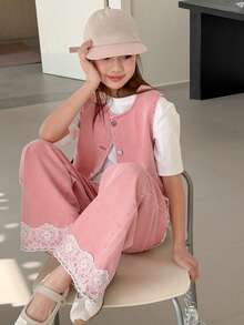 DAZY Tween Girl Round Neck Single-Breasted Lace Sleeveless Top And Wide-Leg Jeans Casual Daily Outfit - Dusty Pink - View 3