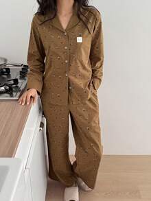 DAZY 蝴蝶结装饰，碎花纯色拼接女士睡衣套装 - 卡其色 - 查看 6