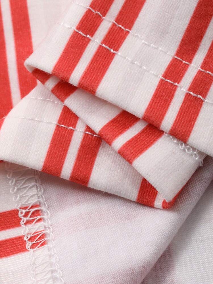 2pcs Women Loose Graphic Print Crew Neck Long Sleeve T-Shirt And Striped Pants Pajama Set